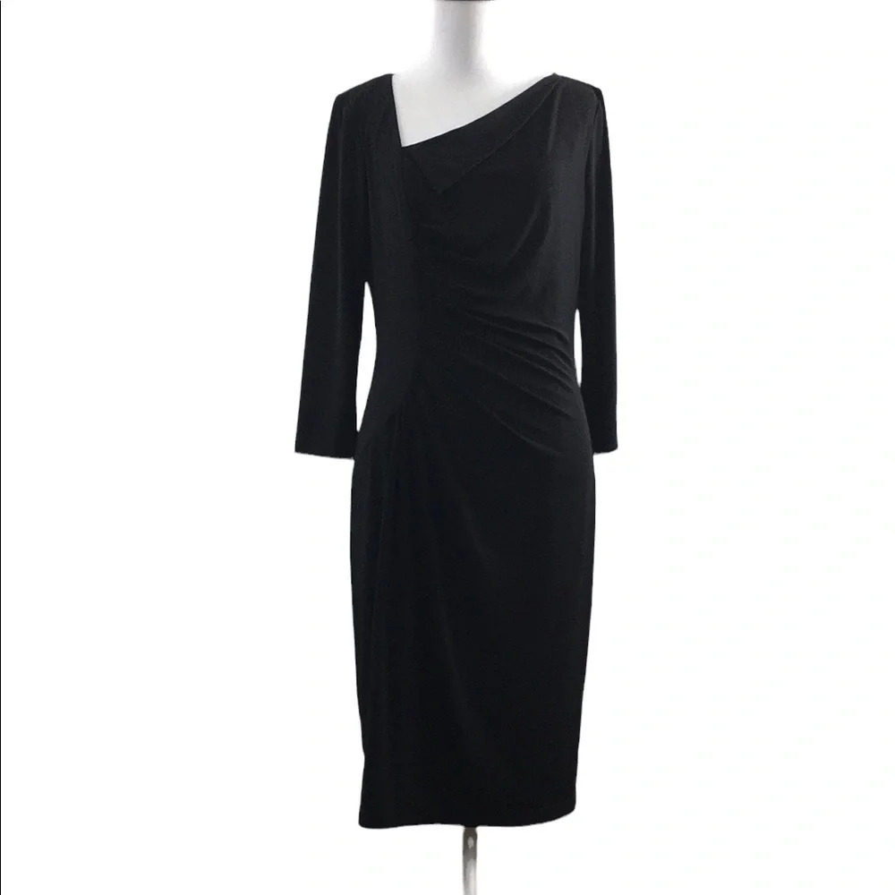 David Meister Black Ruched Midi Sheath Dress Womens 6 Long‎ Sleeve